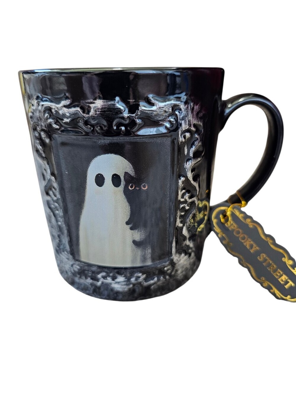 Halloween Black And White Ghost/Cat Frame Ceramic Mug, New